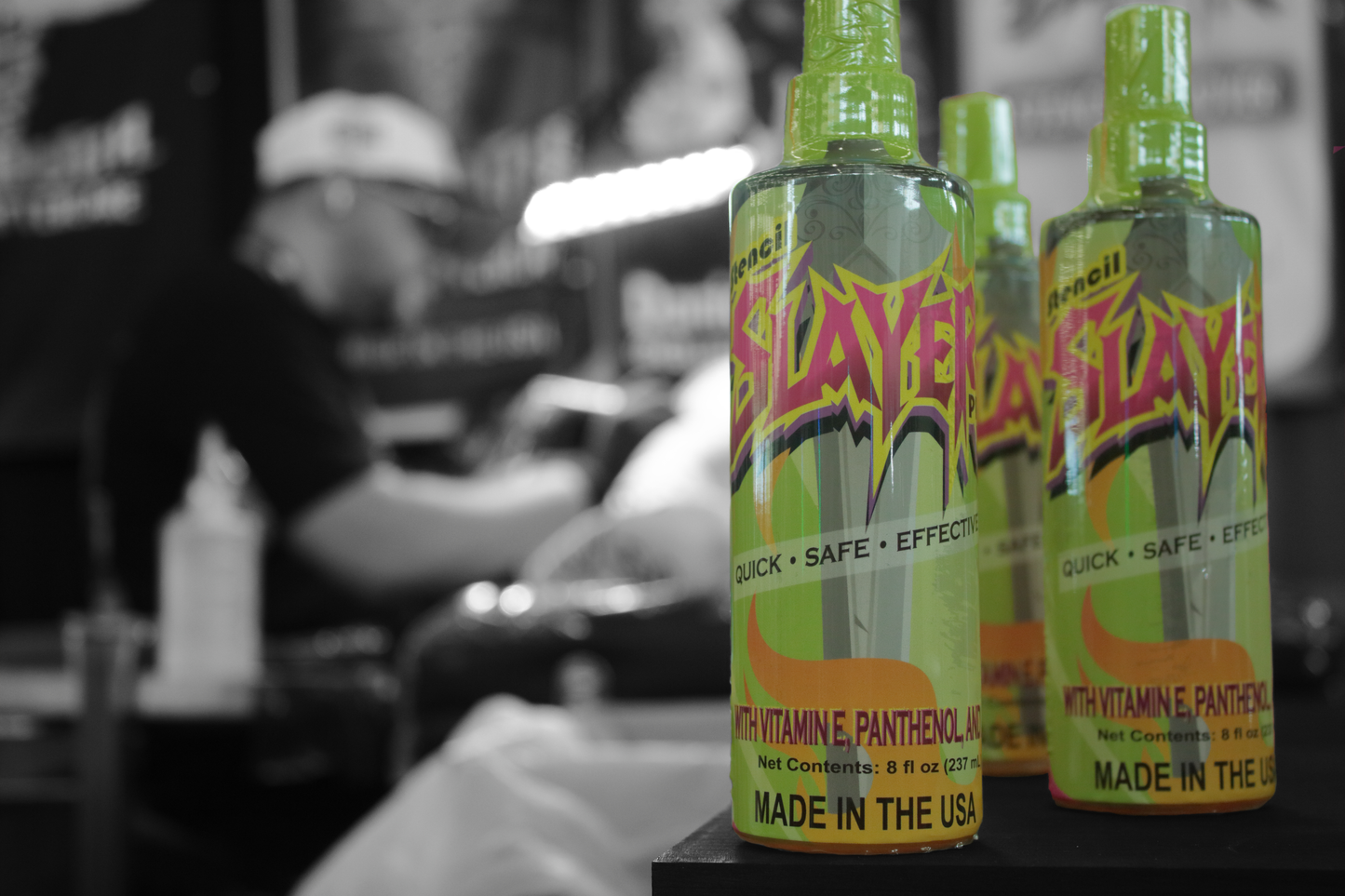 Multiple bottles of Stencil Slayer Pro from a Tattoo Convention
