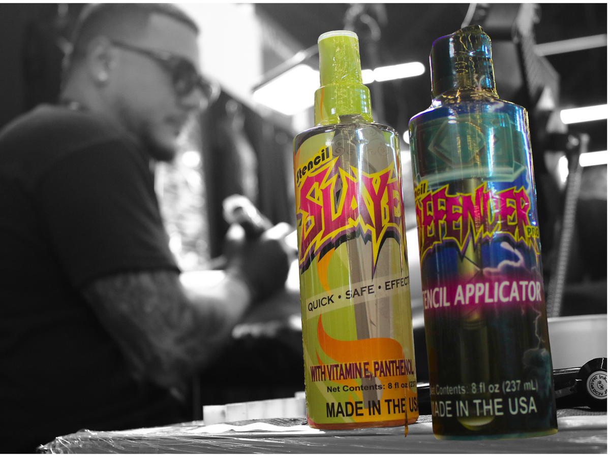 Stencil Slayer Pro Stencil Remover and STencil Defender Pro Stencil Applicator being used by a professional tattoo artist at a texas tattoo convention in 2026