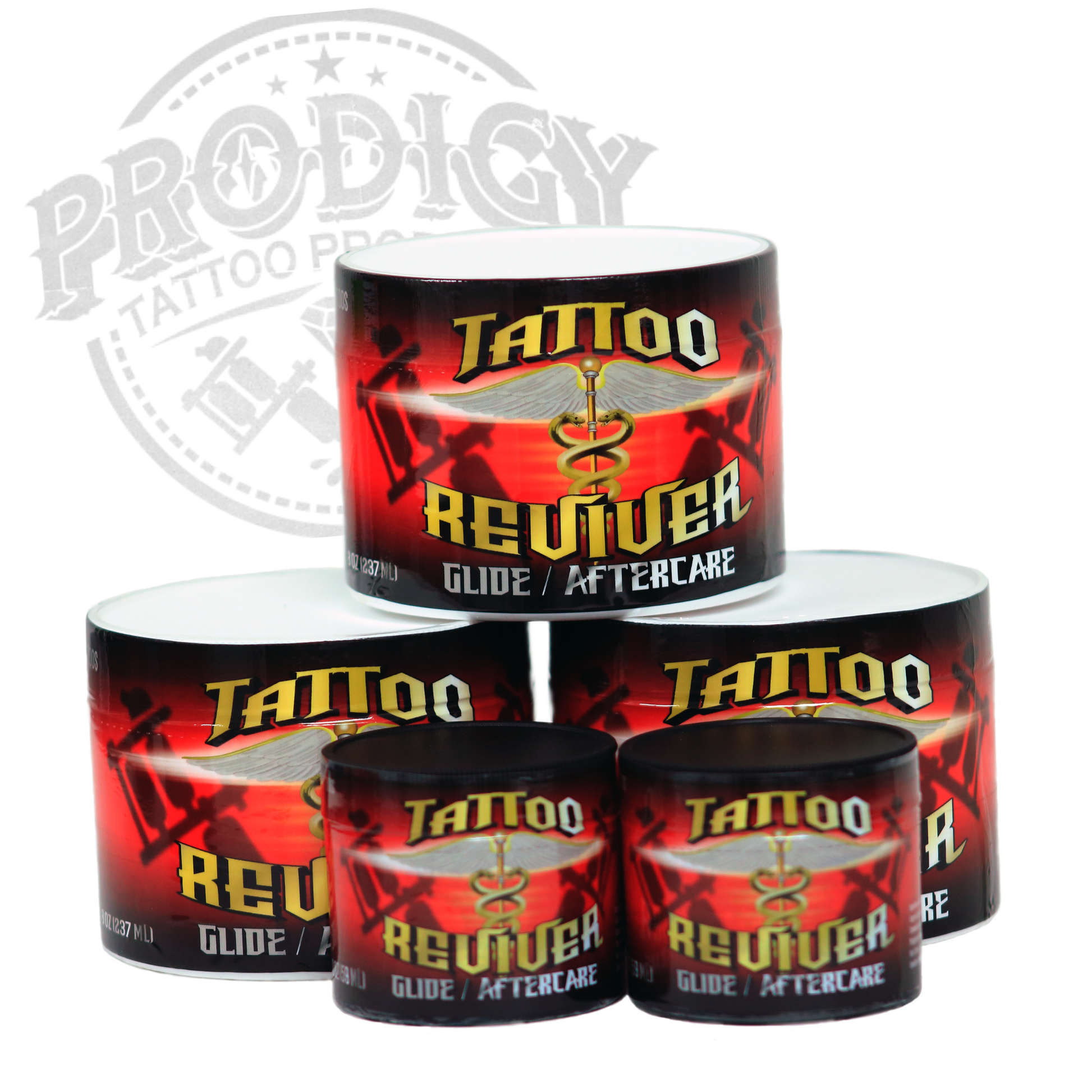 Multiple containers of Tattoo Reviver Glide Aftercare on a white background with Prodigy Tattoo Pro logo.